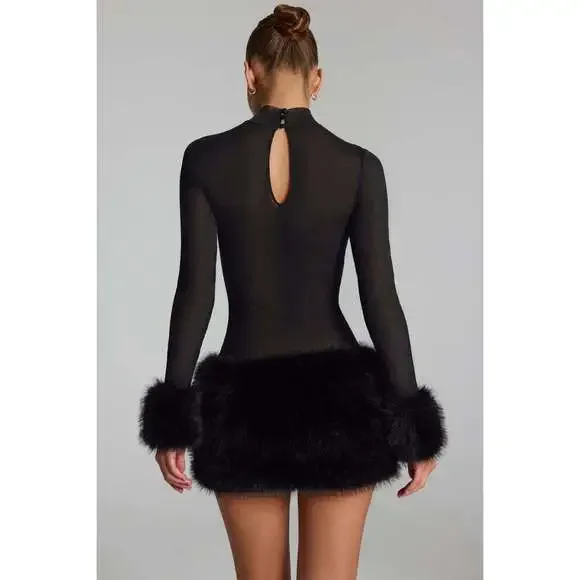 Oh Polly Faux Fur-Trim Turtleneck Mini Dress in Black Size 00 - Picture 2 of 3